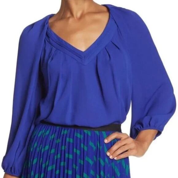 Diane Von Furstenberg Cahil Blouse Silk Blue DVF Minimalist Preppy Summer Office - Picture 1 of 10